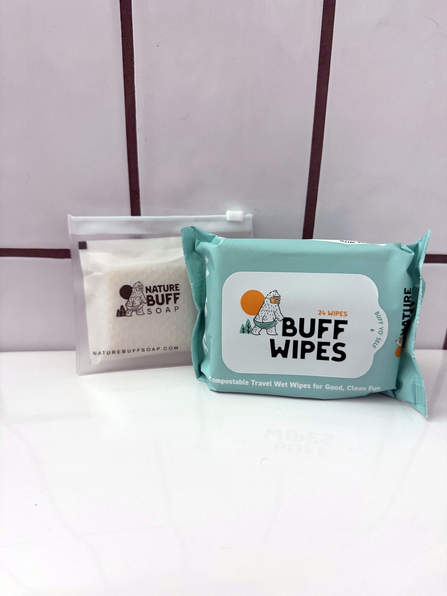Buff Yo'Self outdoor hygiene kit with compostable wipes travel soap and reusable pouch for camping and travel