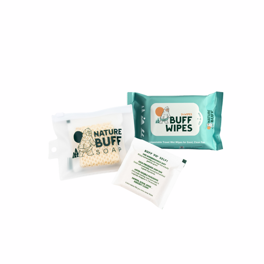 Buff Yo'Self camping hygiene kit with unscented biodegradable soap compostable camping wipes and reusable pouch - image 1